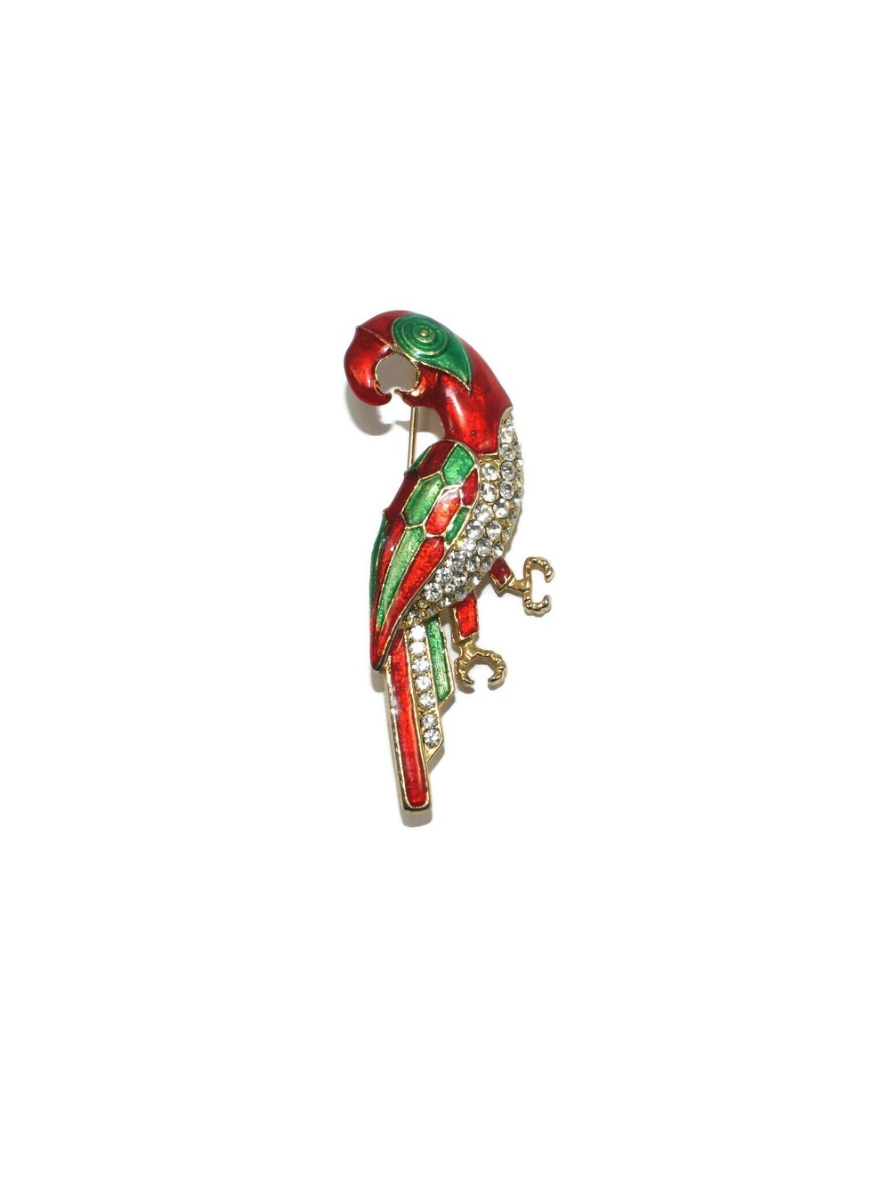 Gorgeous Vintage Gold Tone, Rhinestones with Red and Green Enamel Parrot Brooch.